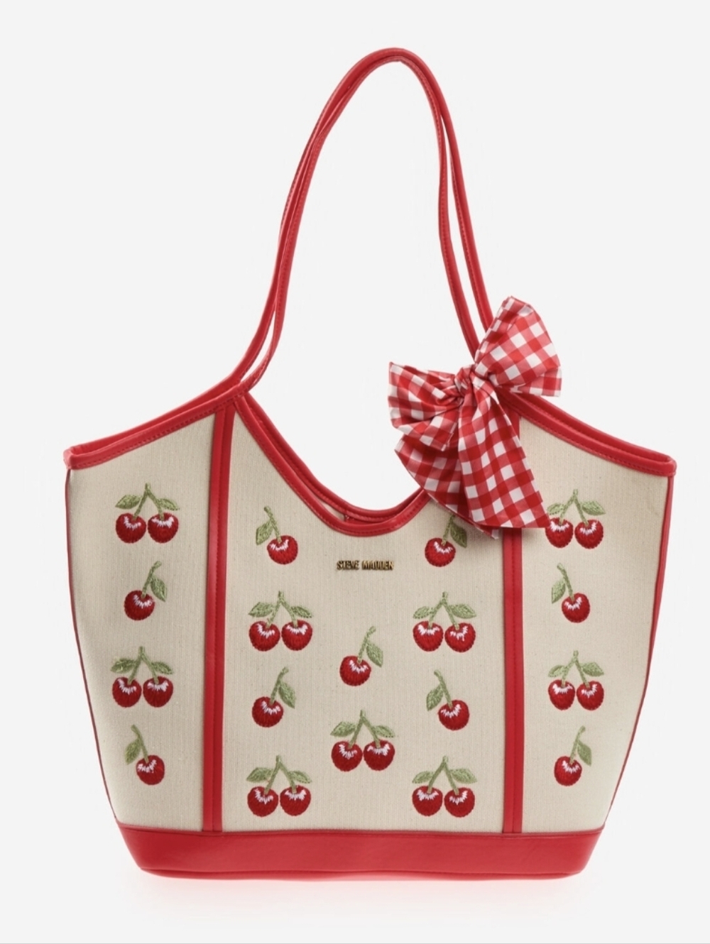 Steve Madden Red and Cream Cherry Embroidered Tote with Gingham Bow